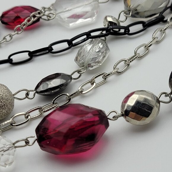 BOCAR Multi Chain Glass Bead Statement Necklace 26" Silver Tone & Red  Layered - Picture 7 of 11
